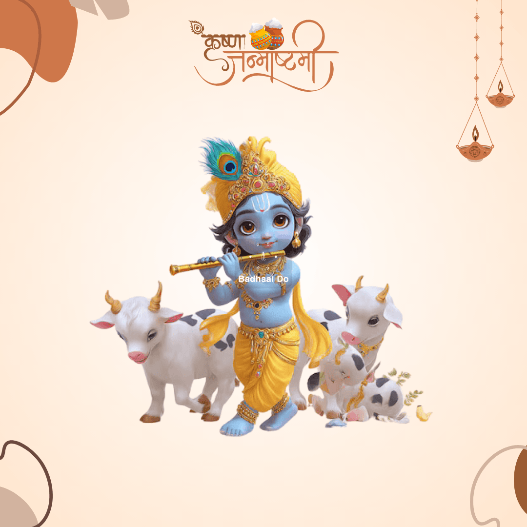 Lord Krishna playing flute under a moonlit sky with Radha by his side, symbolizing divine love on Janmashtami.