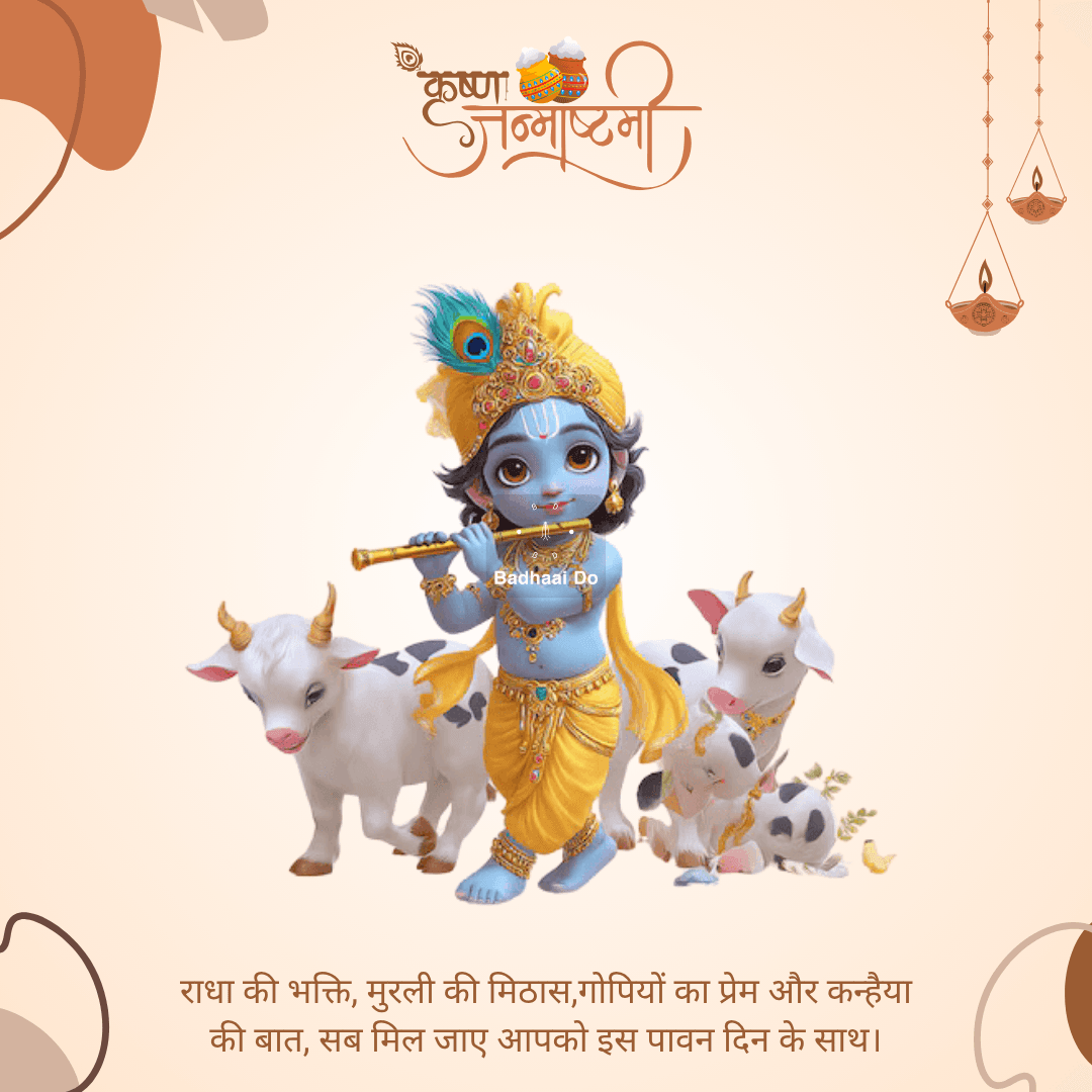 Lord Krishna playing flute under a moonlit sky with Radha by his side, symbolizing divine love on Janmashtami.