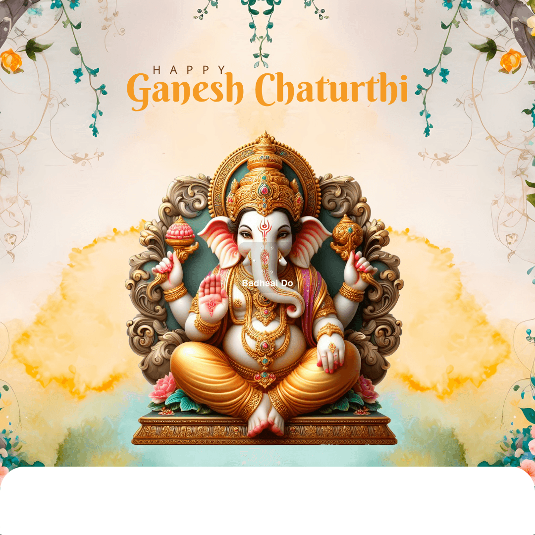 Beautifully adorned Ganpati idol with modaks, diyas, and traditional decorations for Ganesh Chaturthi puja