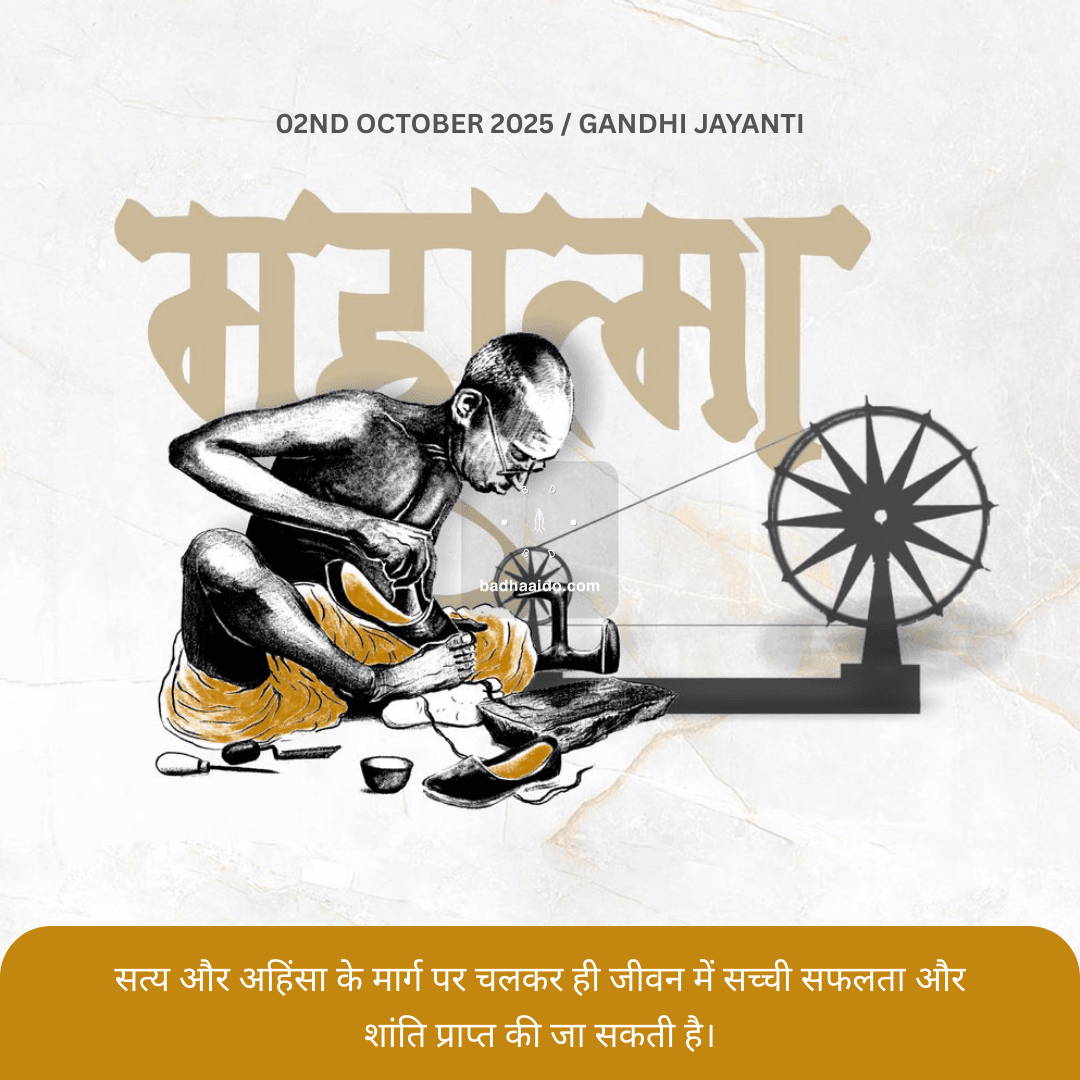 Portrait of Mahatma Gandhi with spinning wheel, Gandhi Jayanti celebration honoring truth and non-violence.