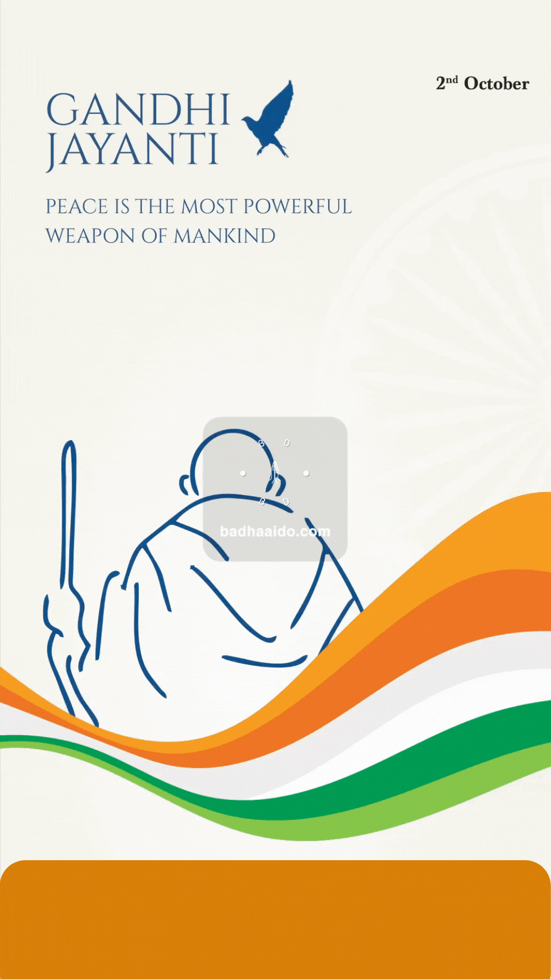 Mahatma Gandhi holding a walking stick, Gandhi Jayanti celebration promoting simplicity and peace.