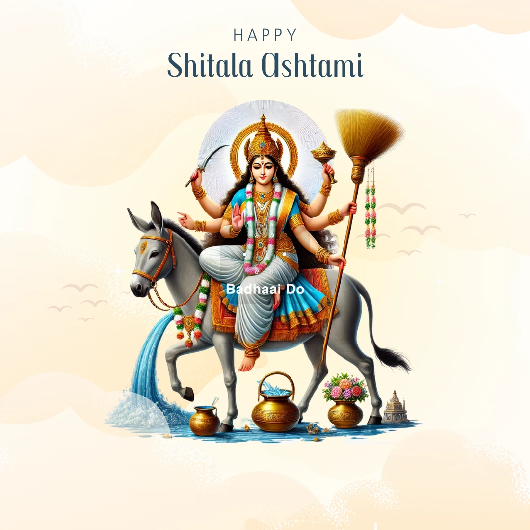 Shitala Ashtami 2025 celebration with traditional rituals, devotees offering prayers, and festive decorations.