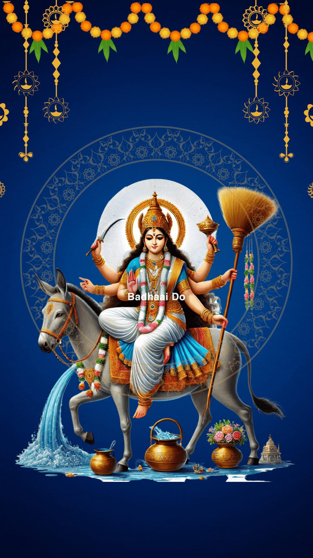 Celebrate Shitala Ashtami 2025 with this GIF featuring Goddess Shitala, sacred prayers, and festive rituals for health, wellness, and divine blessings.