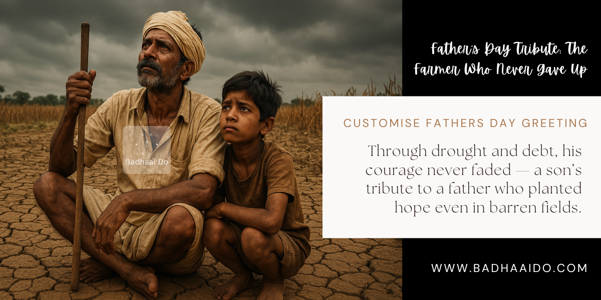 young Indian farmer and his son sitting on dry, cracked farmland, looking toward the sky with hope, representing a Father's Day tribute to resilience and sacrifice.