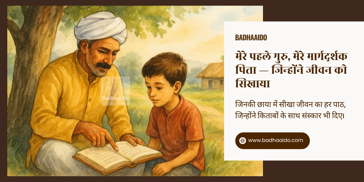 A village father teaching his young son under a tree, symbolizing love, wisdom, and the bond between a teacher and his child in a rural setting.