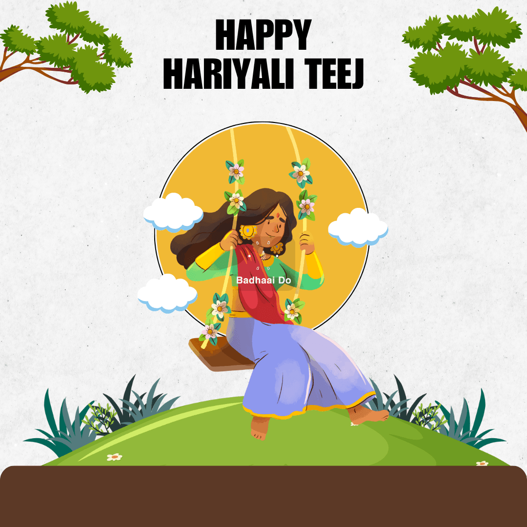 Hariyali Teej 2025 greeting with traditional Indian woman in green attire, applying mehndi, sitting on a decorated swing