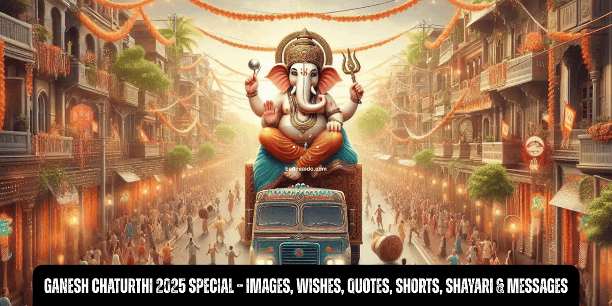 Festive Ganesh Chaturthi 2025 image banner with Lord Ganesha idol, decorative flowers, and vibrant Hindi wishes, quotes, and slogans.