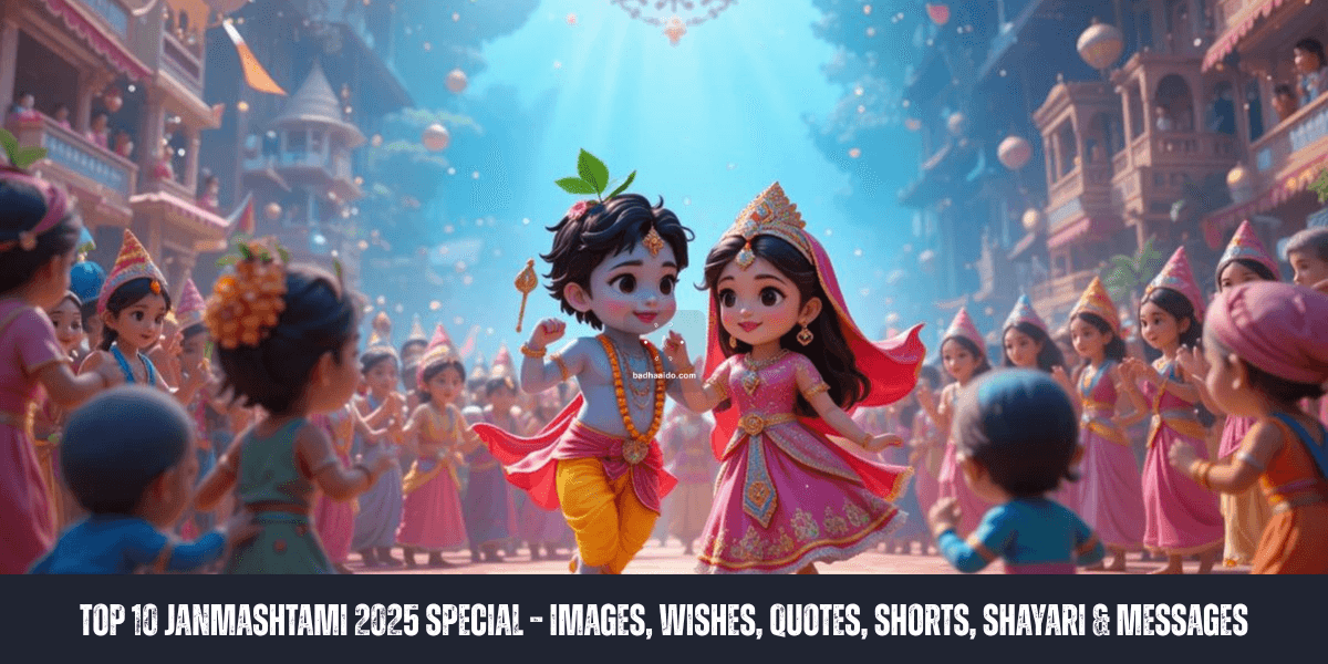 Top 10 Janmashtami 2025 Special blog banner with Lord Krishna images, festive wishes, quotes, short videos, shayari, and messages
