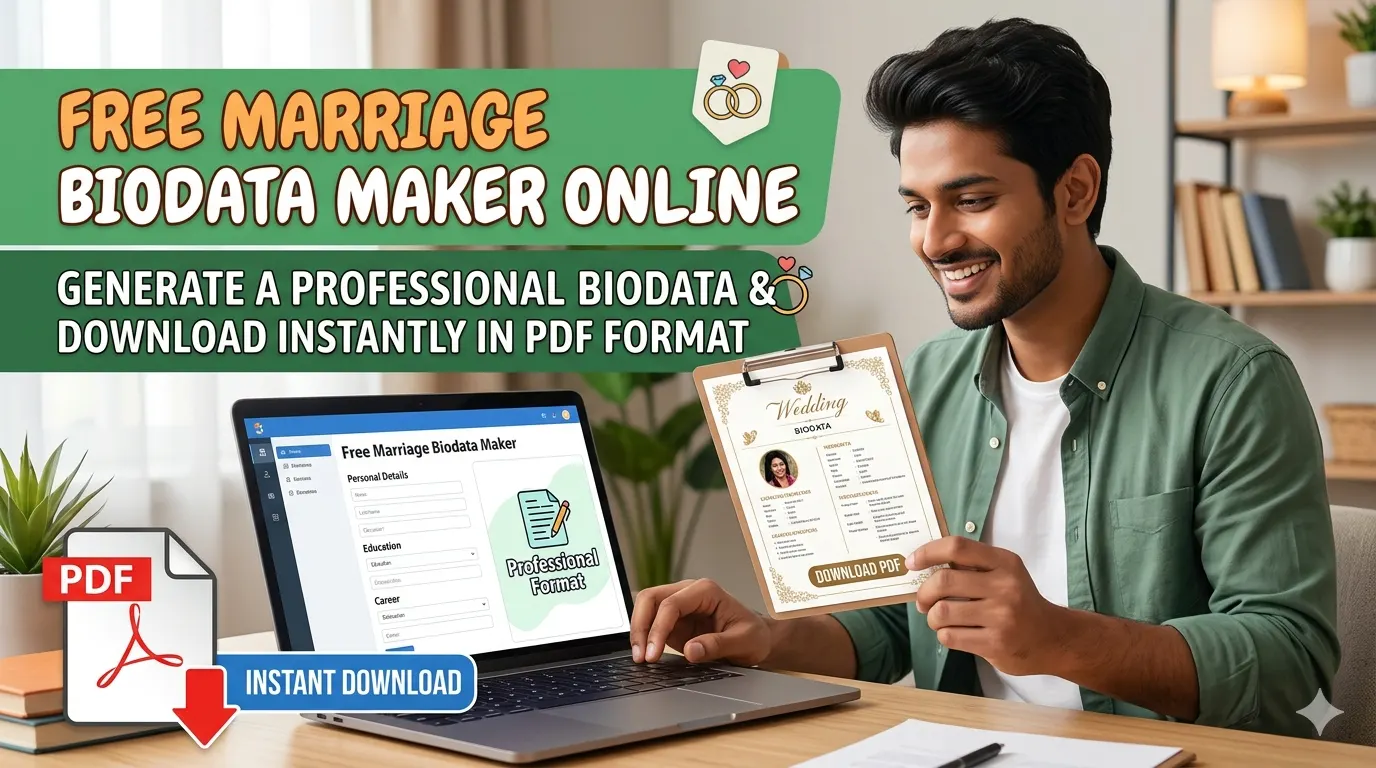 A man using an online marriage biodata maker tool on his laptop, holding a professional, downloadable wedding biodata in PDF format.
