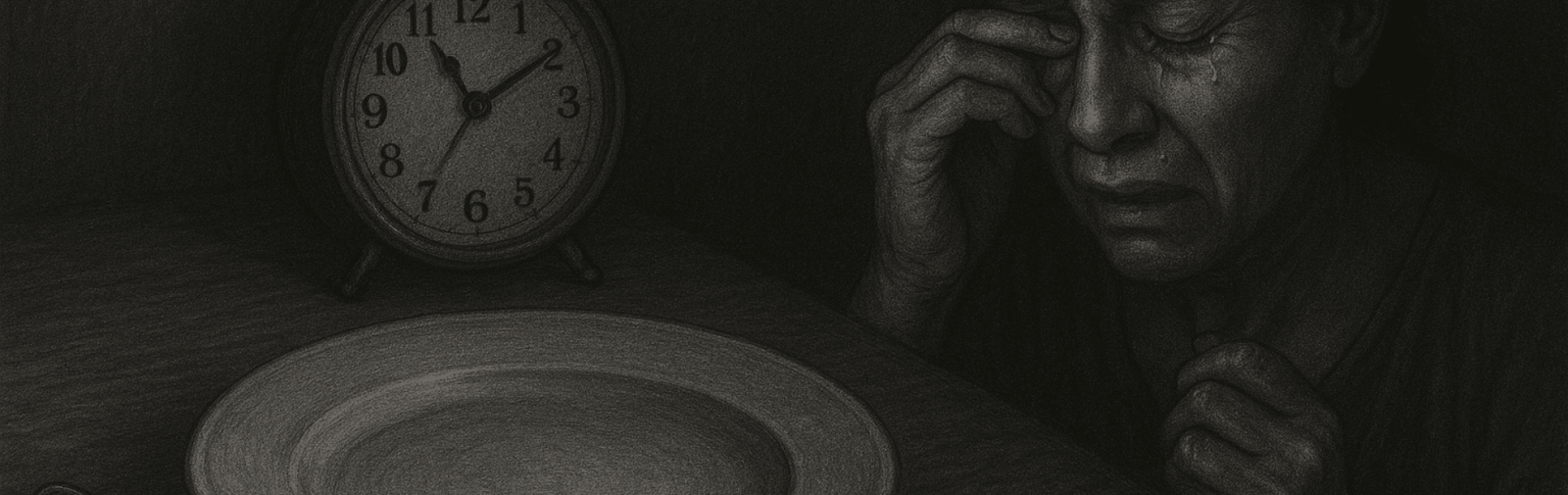 ChatGPT Image Apr 18, 2025, 11_59_13 AM Illustrations: empty plate, early alarm, tears at night